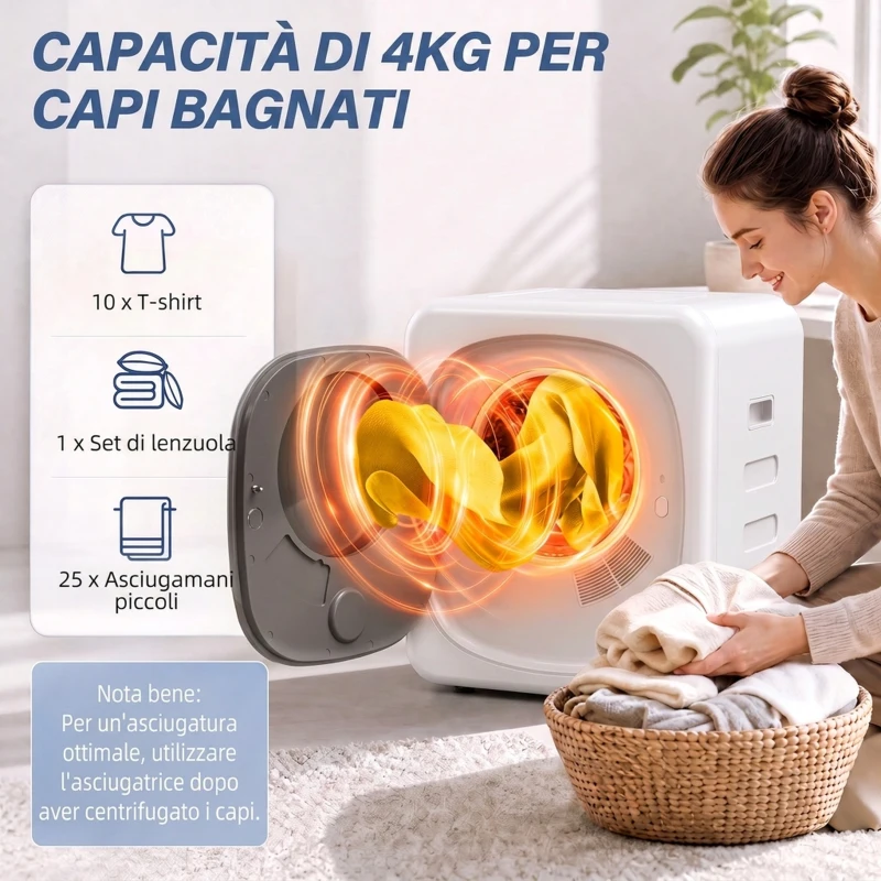 HOMCOM Mini Asciugatrice Portatile 2.5 kg, 5 Programmi, 800W, Carica Frontale, Tamburo in Acciaio Inox, per Casa, Bianco