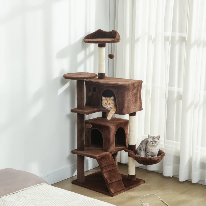 PawHut Árbol Rascador para Gatos 140 cm con Plataformas Cama 2 Cuevas Hamaca Escalera Postes de Sisal Marrón