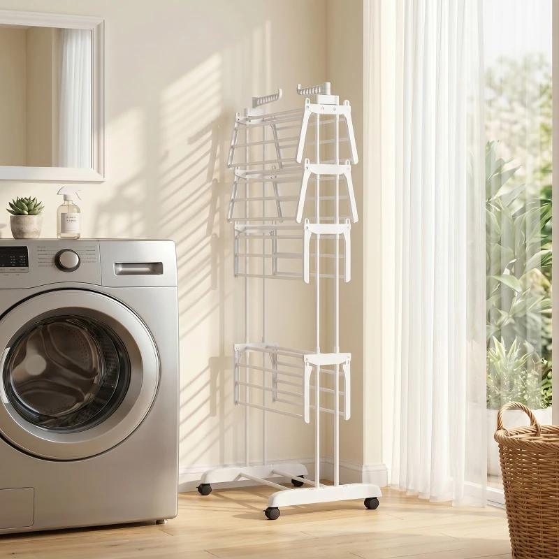 HOMCOM Séchoir à linge pliable 4 niveaux avec roulettes, étendoir linge intérieur avec ailes latérales, cadre en acier, blanc
