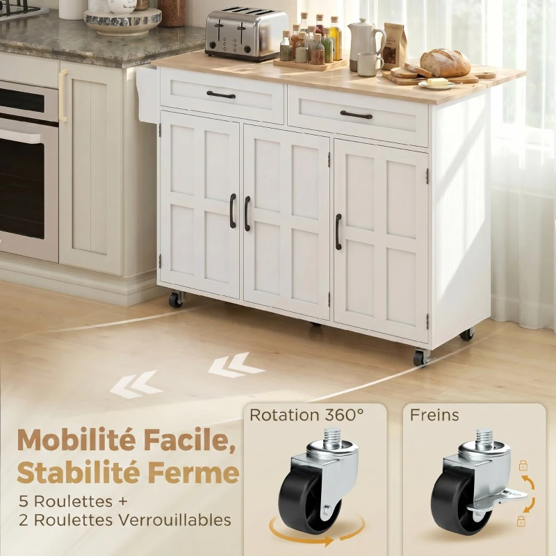 HOMCOM Îlot de cuisine avec plateau rabattable, chariot à roulettes 2 tiroirs, 3 portes, porte-racks et porte-serviettes, blanc
