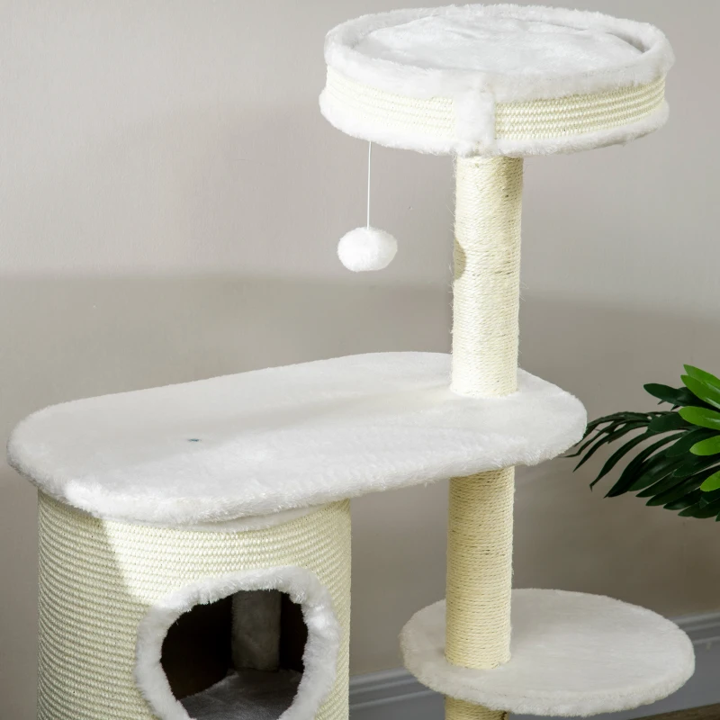 PawHut Albero Tiragraffi per Gatti Alto 100 cm con Palo Graffiatoio in Sisal, Cesto e Casetta a 2 Livelli, Crema