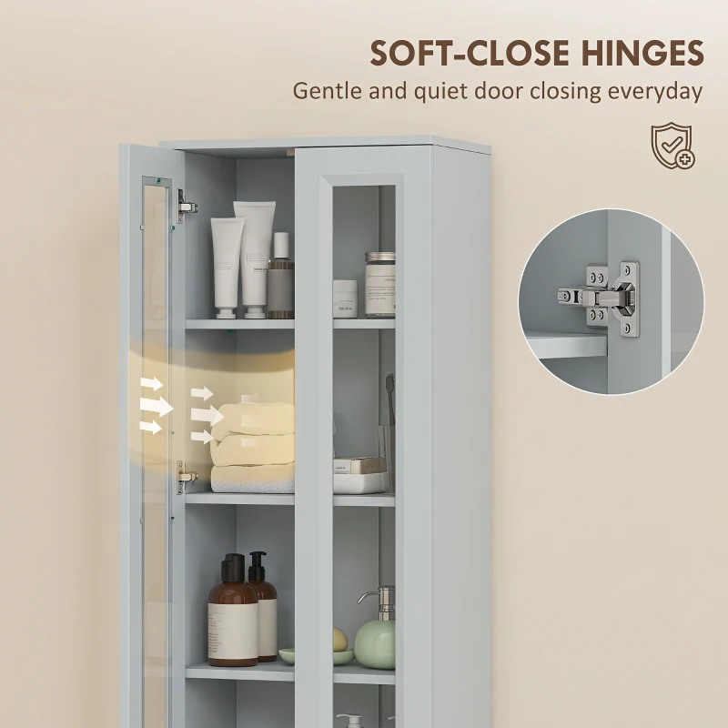 HOMCOM Tall Bathroom Storage Cabinet, 6-Tier Slim Bathroom Cabinet with Adjustable Shelf, 4 Soft-Close Doors, Dusty Blue