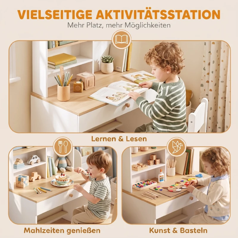 AIYAPLAY Kinderbureau met lade, boekenrek en opbergruimte voor kinderen van 3-8 jaar, 80 x 50 x 100 cm, wit