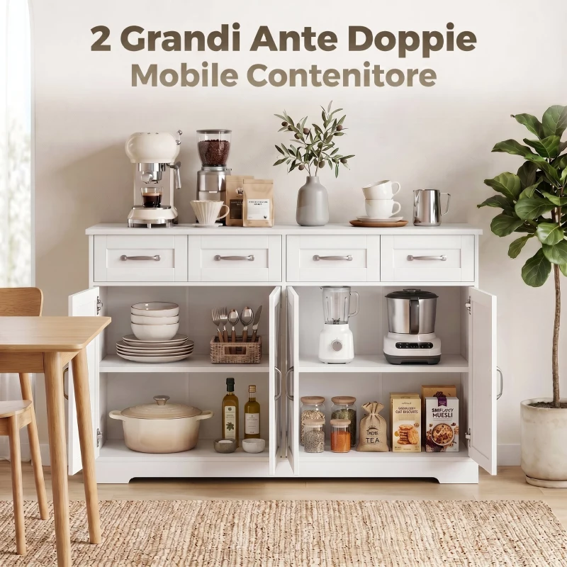 HOMCOM Credenza da Cucina con 4 Cassetti e 4 Ante in Stile Country, 140x38x80 cm, Bianco