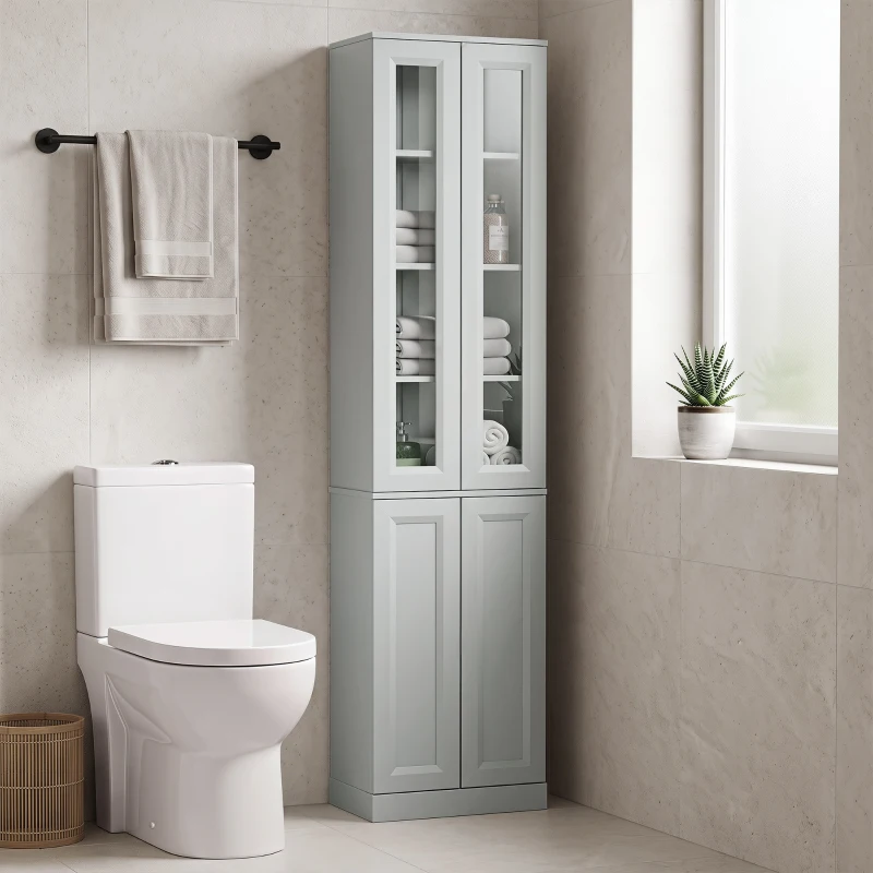 HOMCOM Tall Bathroom Storage Cabinet, 6-Tier Slim Bathroom Cabinet with Adjustable Shelf, 4 Soft-Close Doors, Dusty Blue