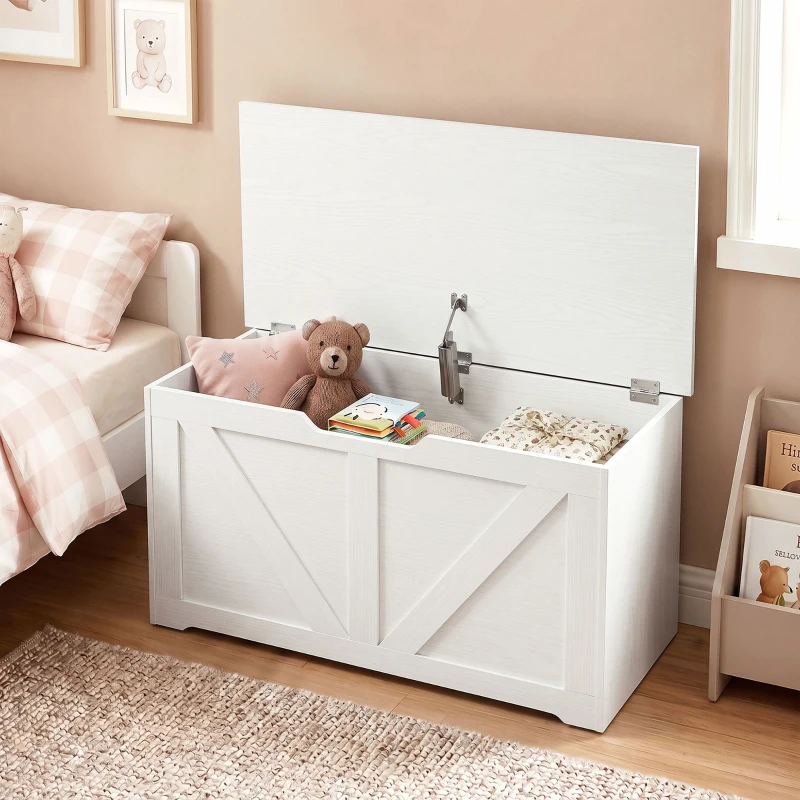 HOMCOM Coffre de rangement, banc de rangement avec couvercle rabattable et charnières de sécurité, 80 x 40 x 45 cm, blanc