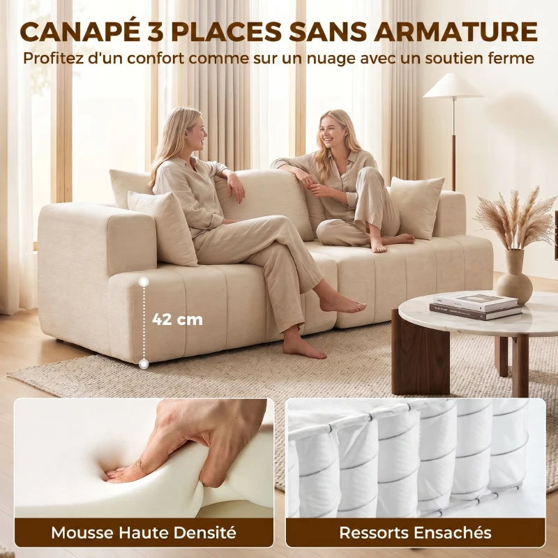 HOMCOM Canapé 3 places en chenille 248 cm, canapé salon moderne, large assise rembourrée, coussins à ressorts, beige