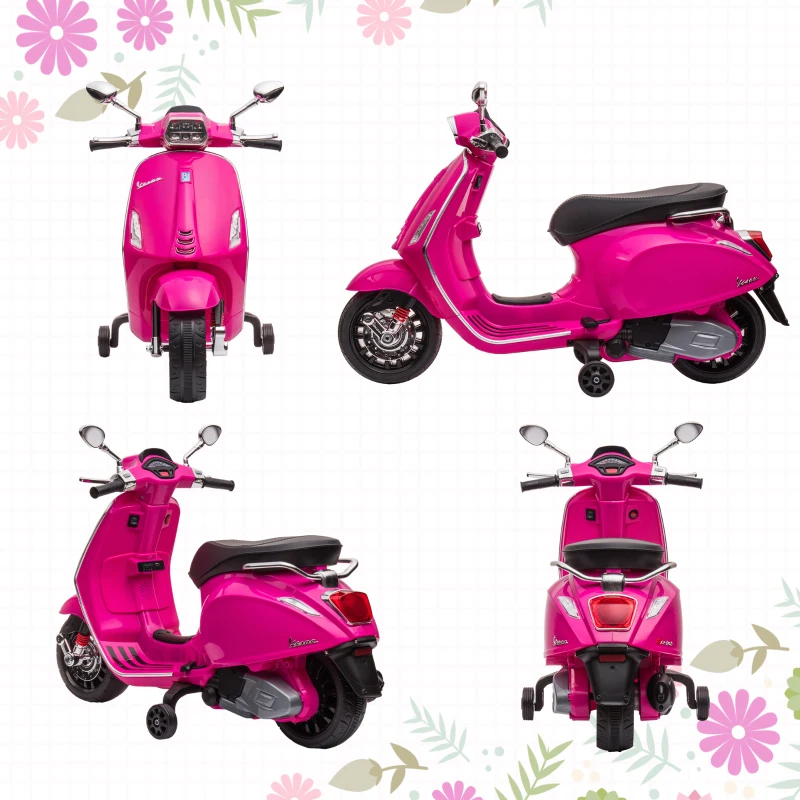 AIYAPLAY Scooter électrique enfant Vespa 6 V dim. 107L x 47l x 73H cm Musique MP3 Port USB Phare 2 roues d'entraînement - Rose