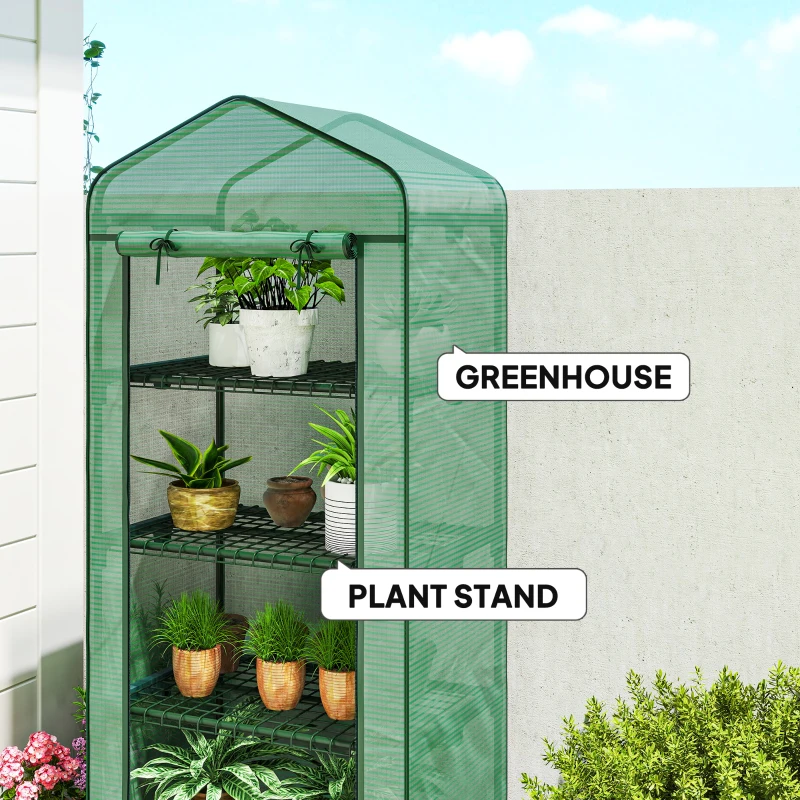 Outsunny 4 Tier Mini Portable Greenhouse Compact Plant Grow Shed Metal Frame PE Cover with Lockable Rolling Wheels , Green