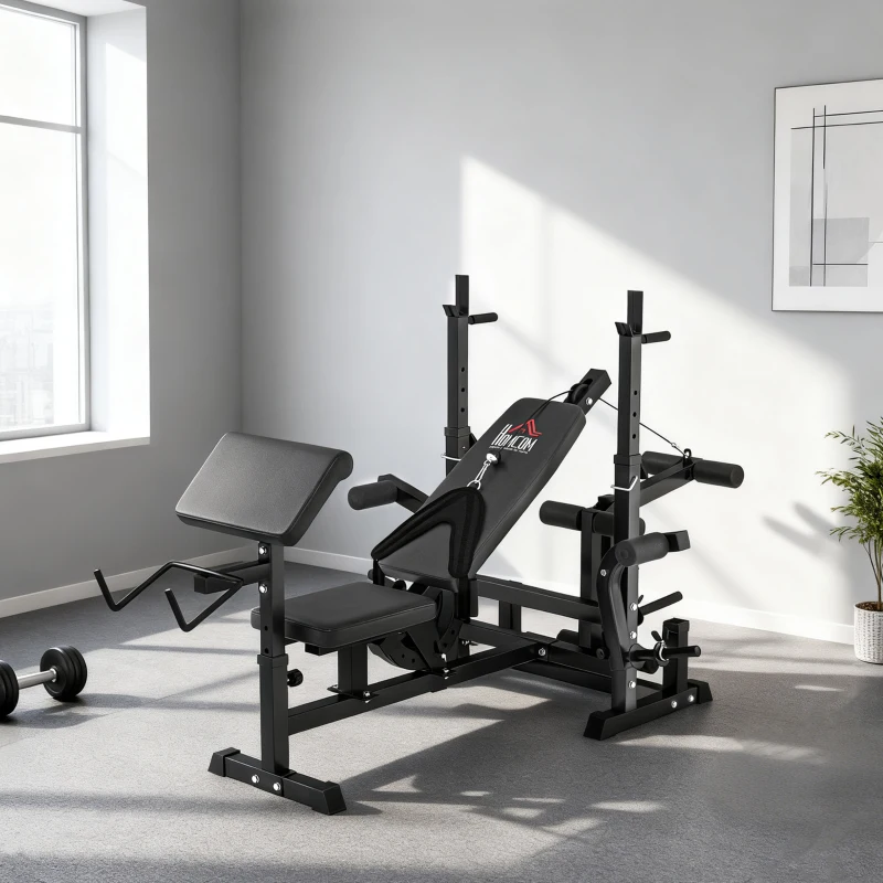 HOMCOM Bancă de Fitness Reglabilă cu Suport pentru Halteră, din Oțel și PU, 210x110x103-123 cm, Negru