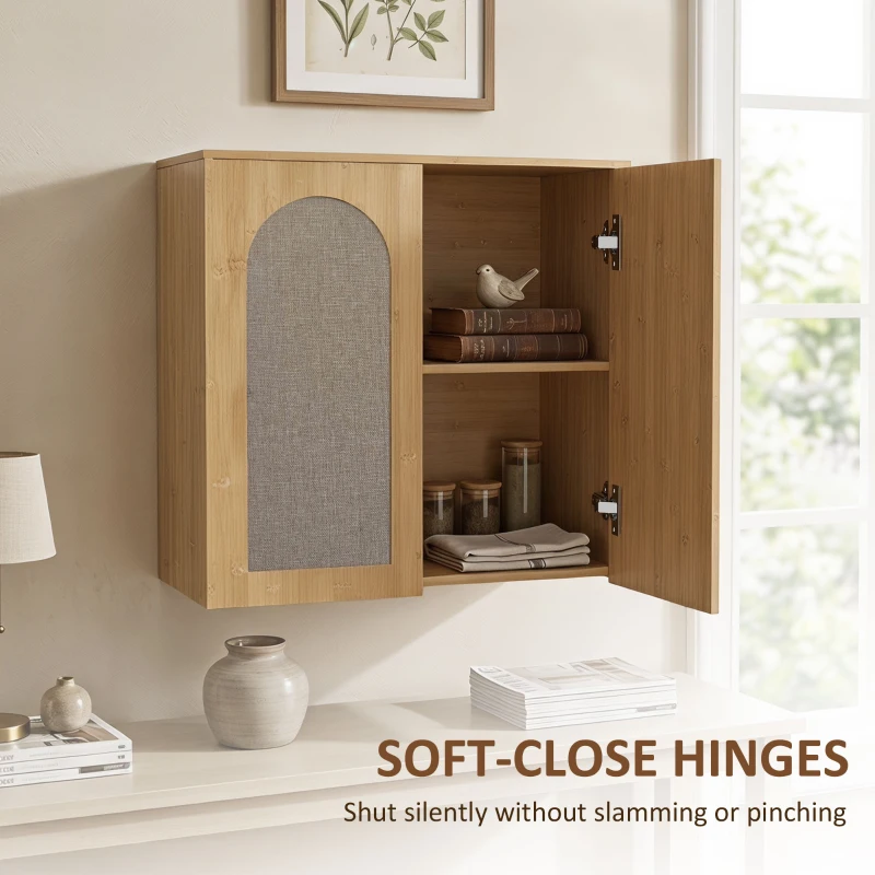 HOMCOM Armoire murale de salle de bain bohème avec 2 portes effet rotin à fermeture douce et étagère réglable, chêne