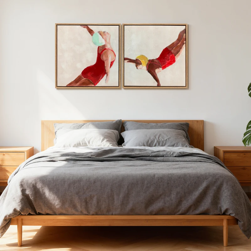 HOMCOM Cuadros en Lienzo Figuras Dinámicas a Mano 40x40 cm 2 Piezas Cuadros de Arte de Pared Enmarcados Rojo
