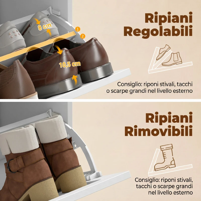 HOMCOM Panca Scarpiera con Cuscino Imbottito, 2 Cassetti Ribaltabili per 8-10 Paia di Scarpe, Bianco