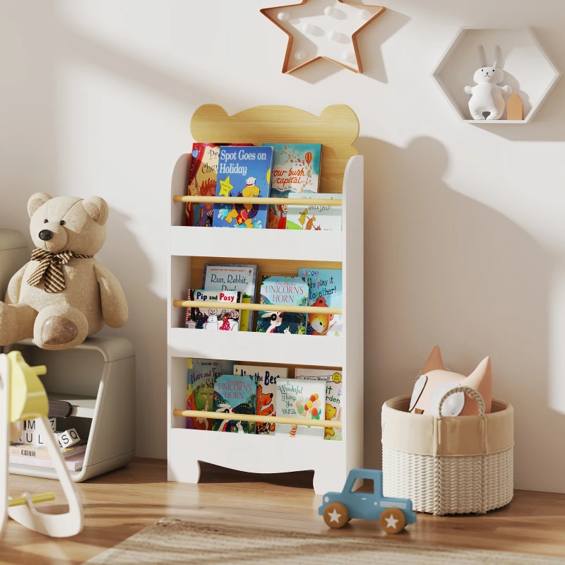 AIYAPLAY Libreria per Bambini con 3 Ripiani a Forma di Orsetto con Barriere Frontali, 55x15x110 cm, Color Legno