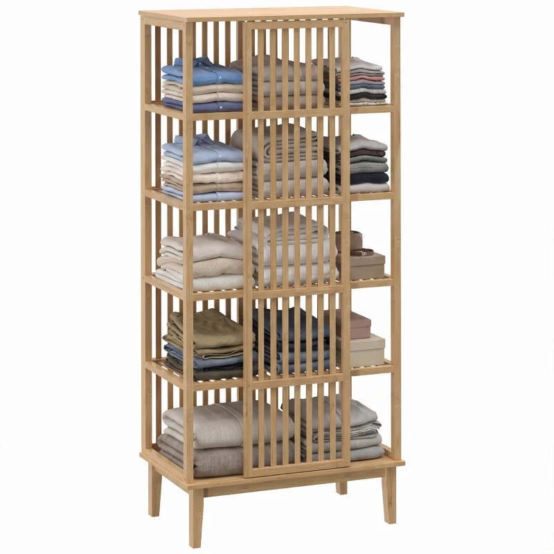 HOMCOM Armoire Chambre Penderie en Bambou 5 Niveaux avec Porte Coulissante, Design Aéré à Lattes, Bois Naturel
