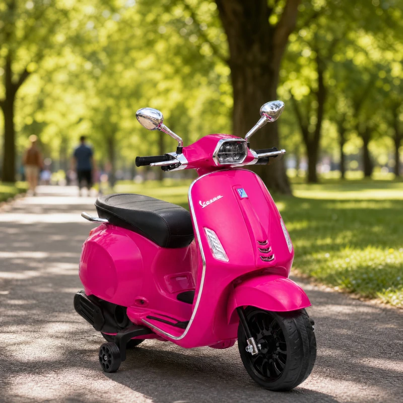 AIYAPLAY Scooter électrique enfant Vespa 6 V dim. 107L x 47l x 73H cm Musique MP3 Port USB Phare 2 roues d'entraînement - Rose