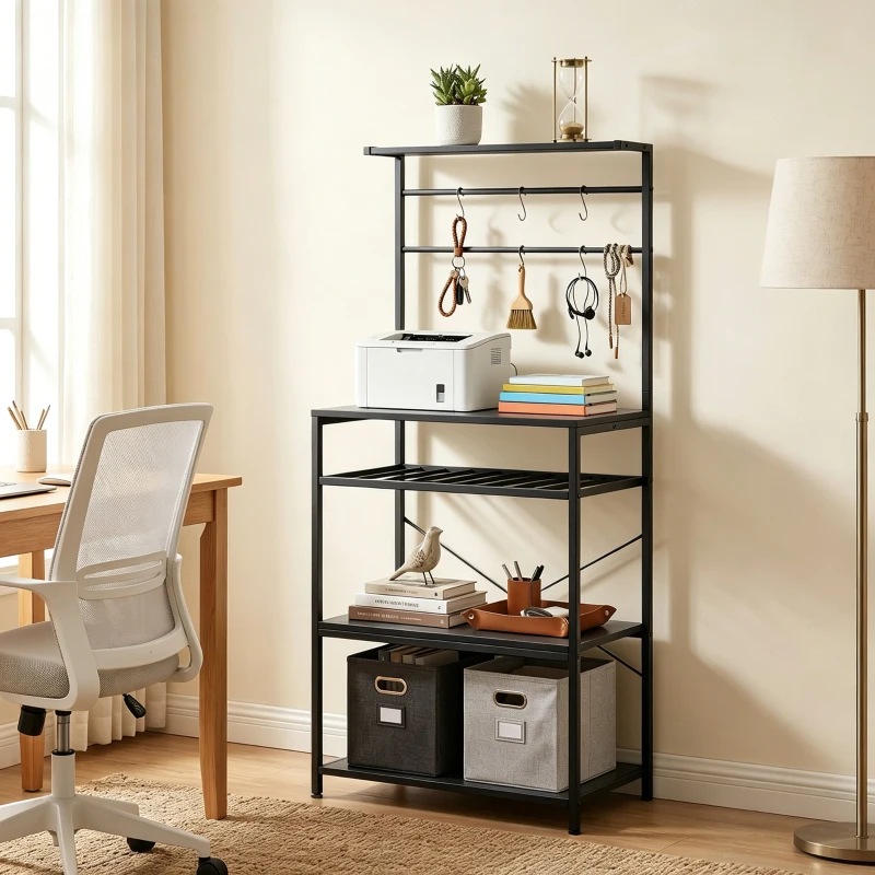 HOMCOM Freestanding Shelving Unit, Industrial Storage Shelf with 6 Hooks and Wine Rack for Living Room, Home Office, Black