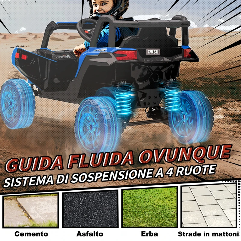 AIYAPLAY Macchina Elettrica per Bambini UTV 12V con Cintura, Telecomando, Sospensioni, USB, 3-7 km/h, 3-5 Anni, Blu