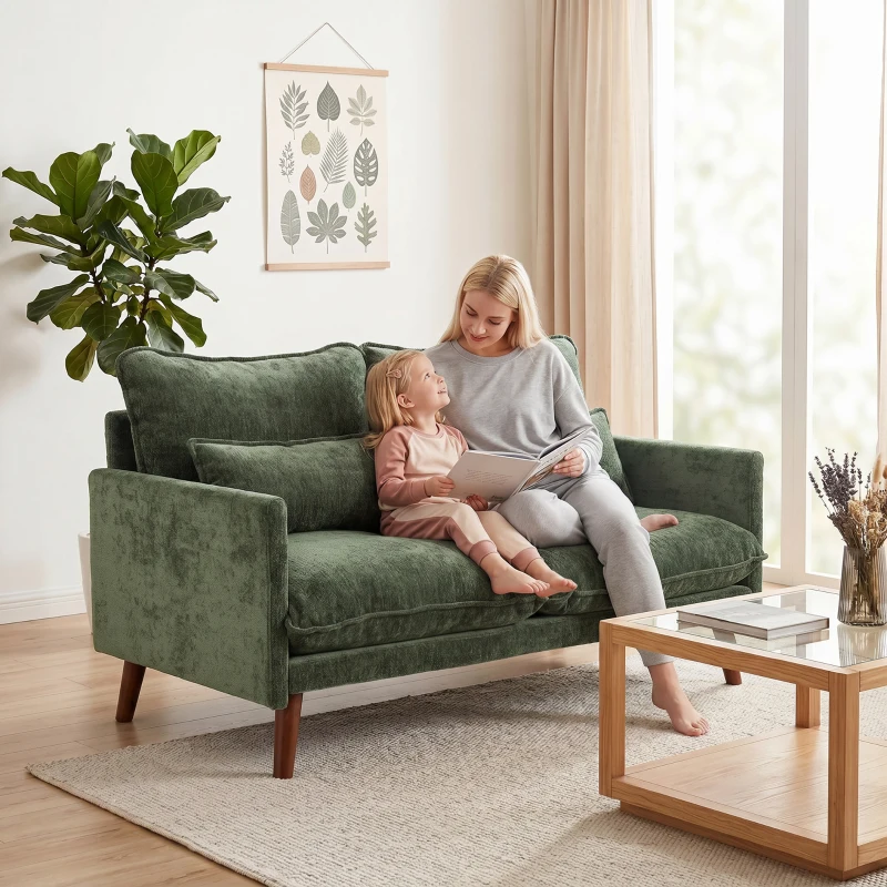 HOMCOM 2 Seater Sofa, Loveseat Sofa with Spring Cushions, Wide and Deep Seat, Wood Legs, Green