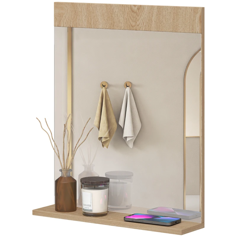 HOMCOM Oglindă de Perete pentru Baie cu Raft Deschis Oglindă pentru Intrare Hol 50x12x60 cm Stejar