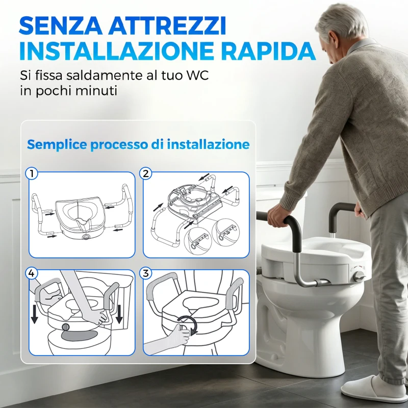 HOMCOM Rialzo WC per Anziani in HDPE con Maniglie Antiscivolo, Larghezza Regolabile, Capacità 136kg, Bianco