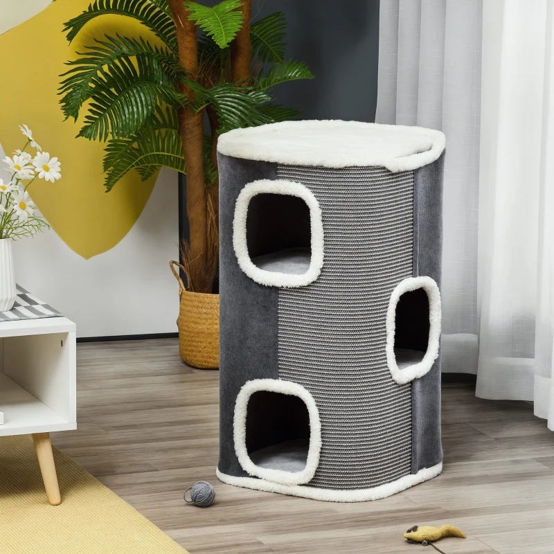 PawHut Tonneau à Gratter pour Chat 3 Niveaux en Peluche et Sisal, 3 Zones, 2 Grands Trous Interconnectés, 40x40x74cm, Gris
