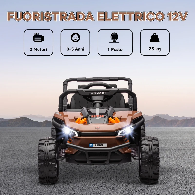 AIYAPLAY Macchina Elettrica per Bambini UTV 12V con Cintura, Telecomando, Sospensioni, USB, 3-6 km/h, 3-5 Anni, Marrone