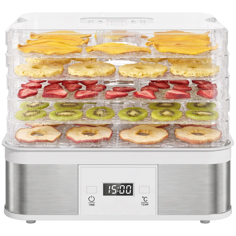 HOMCOM 5 Tier Food Dehydrator, 245W Stainless Steel Food Dryer Machine with Adjustable Temperature, Timer and LCD Display for Drying Fruit, Meat, Vegetable, Jerky and Pet Treat, White