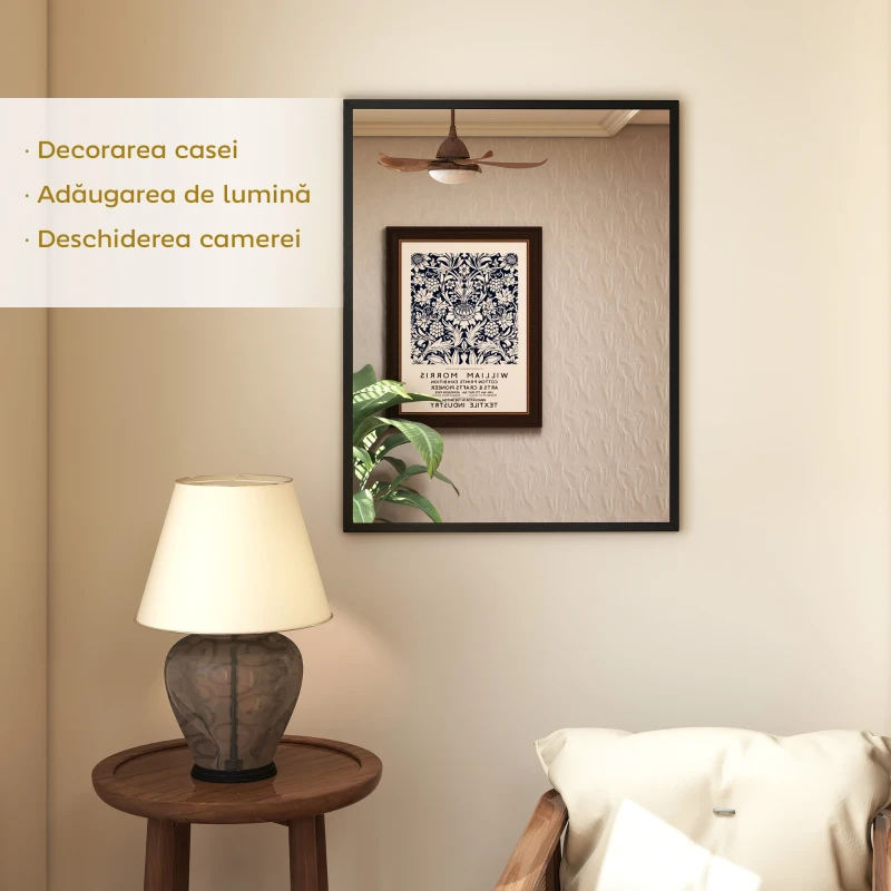HOMCOM Oglindă de Perete din Sticlă și MDF, cu Cârlige, 70 x 90 cm, Negru