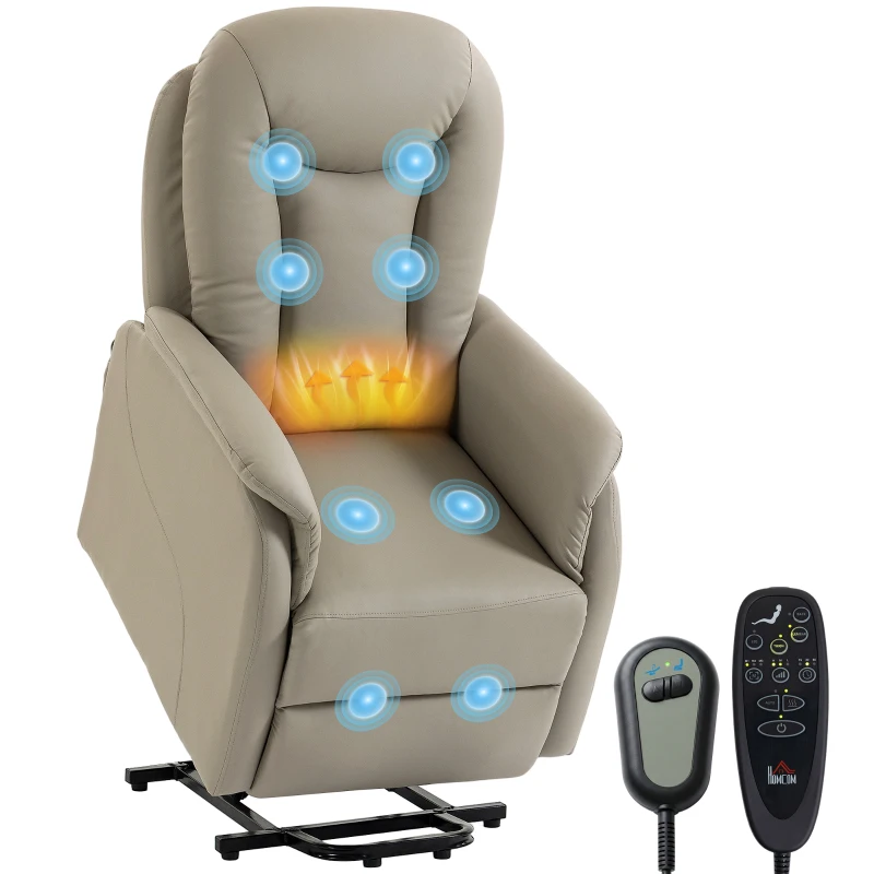 HOMCOM Fauteuil Releveur Électrique Massage Vibration et Chaleur, Fauteuil Relax Électrique en PU, Dossier Inclinable, Gris