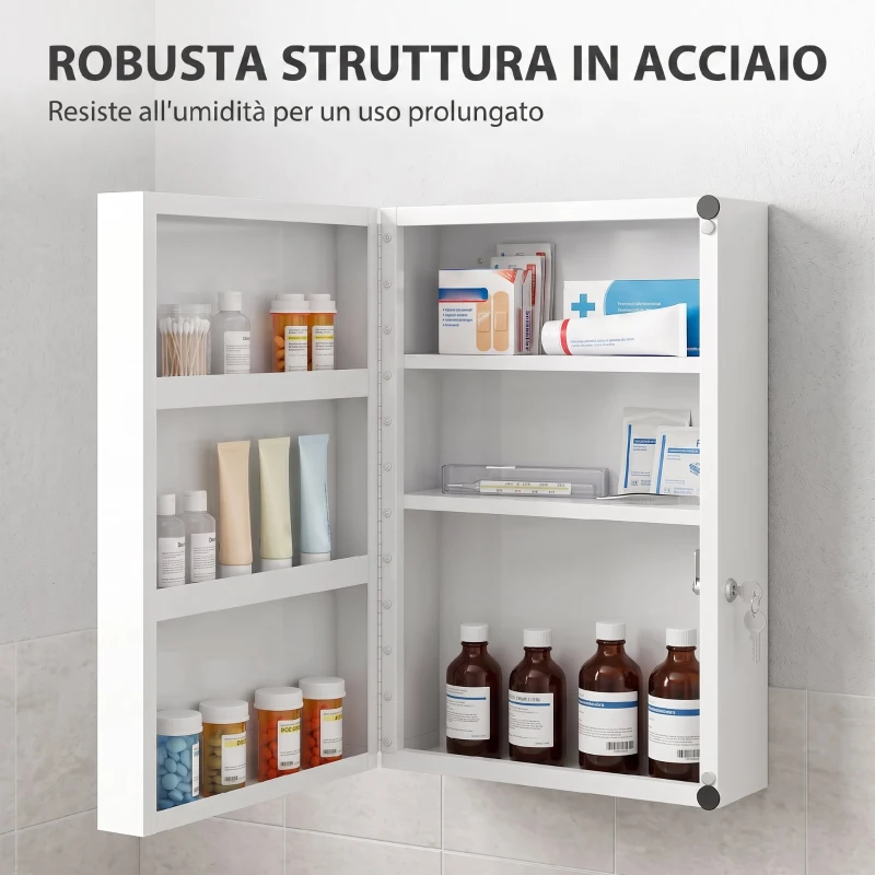 HOMCOM Armadietto portamedicinali da parete con 2 chiavi e 6 scomparti, acciaio, bianco