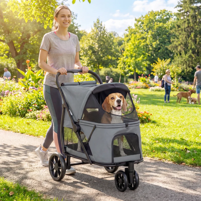 PawHut Dog Stroller, 3 Wheels Pet Stroller with Dual Entry, Easy One-Click Quick Fold, Mesh Windows, Washable Cushion