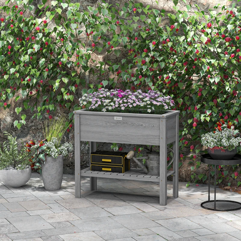 Outsunny Wooden Raised Garden Bed, Elevated Planter Box with Storage Shelf and Drainage Holes, Raised Planter with Legs, Grey