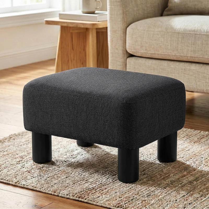 HOMCOM Linen Fabric Footstool Ottoman Cube with 4 Plastic Legs, Black