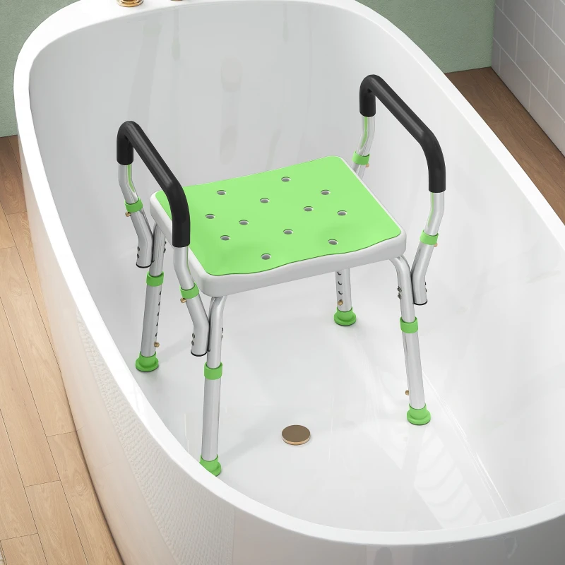 HOMCOM Sgabello Doccia in Alluminio ad Altezza Regolabile con Braccioli e Piedini Antiscivolo, Verde