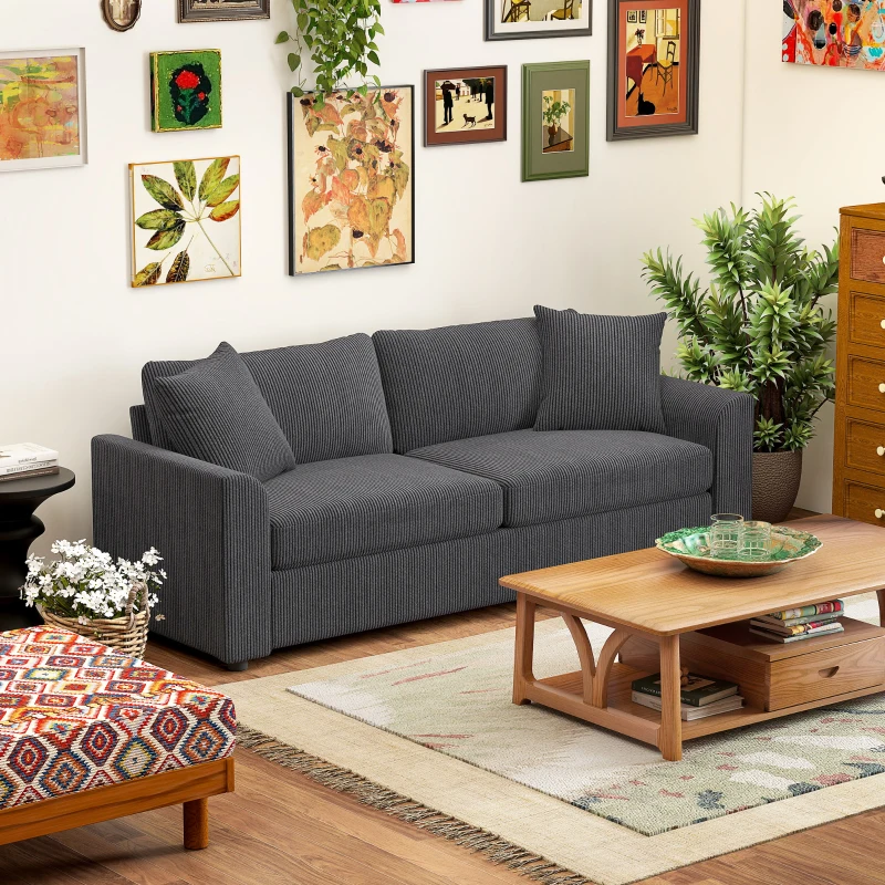 HOMCOM 3 Seater Sofa, 212cm Corduroy Couch with Spring Cushion, Wide and Deep Seat, Plush Backrest, 2 Pillows, Sofa Settee for Living Room, Home Office, Grey