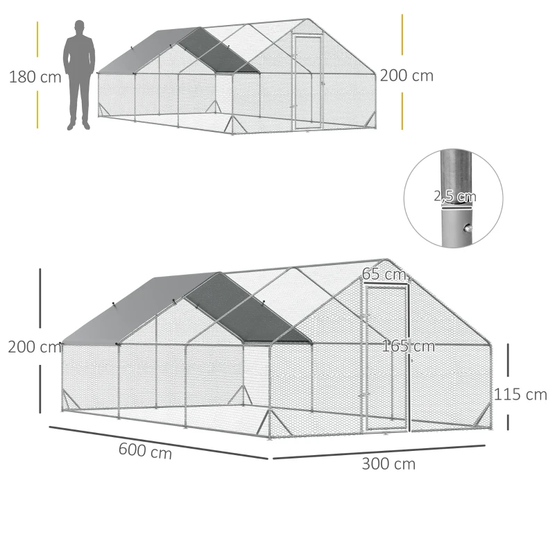 PawHut Enclos poulailler chenil volière extérieur 18 m² - Parc grillagé dim. 6L x 3l x 2H m Acier galvanisé