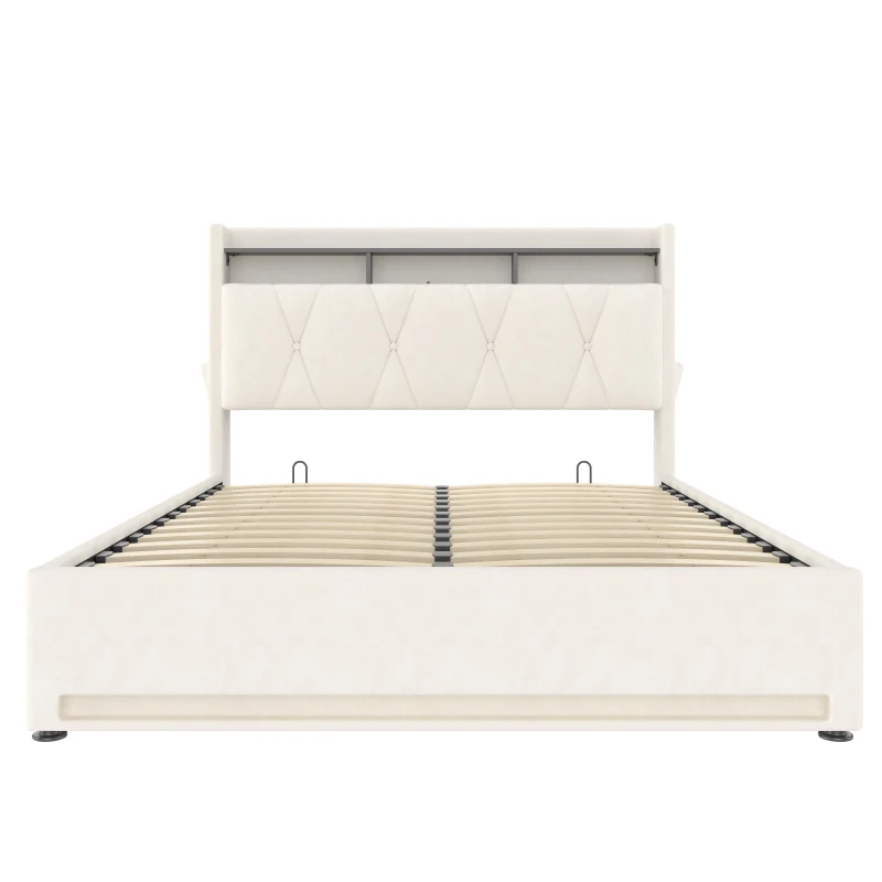 Practical Padded Bed with Hydraulic Storage, Stylish Platform Bed for Modern Bedrooms and Organized Living, 143L x 211W x 116.5H cm, Beige