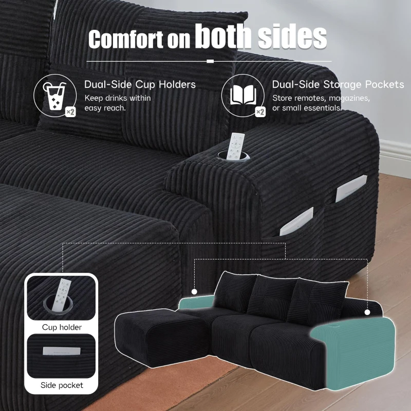 Corduroy Sectional Sofa with Built-in Cup Holders and Side Storage Pockets, 3-Seater Modular Sofa with Ottomans, 268L x 174W x 80H cm, Black