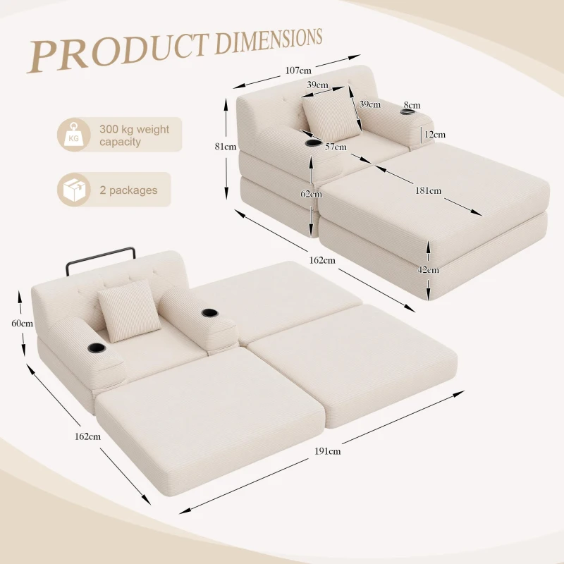Corduroy Sleeper Chair with Ottoman and Metal Frame, Convertible 1-Seater Sofa Bed with High Backrest, 107L x 162W x 81H cm, Beige
