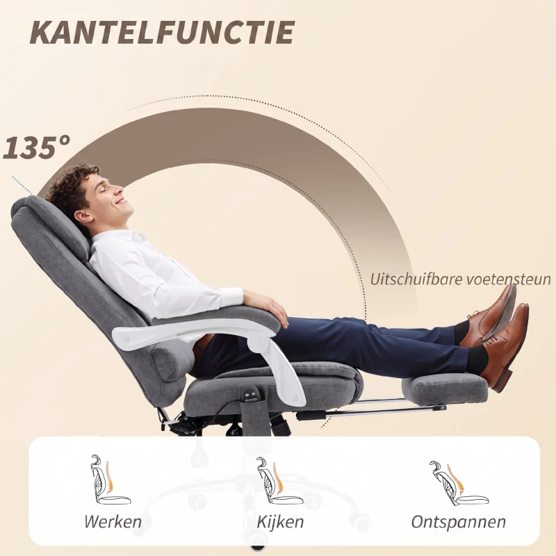 Vinsetto Ergonomische massage bureaustoel met 6 Vibratiepunten, Verstelbare Rugleuning en 360° Draaistoel Grijs(m-5)