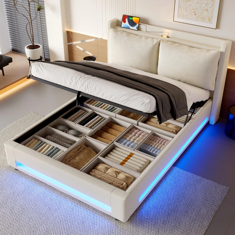Practical Bed Frame with Built-in Shelf and Night Light, Hydraulic-Lift Platform Bed for Compact Bedrooms, 152.5L x 210W x 114H cm, Beige