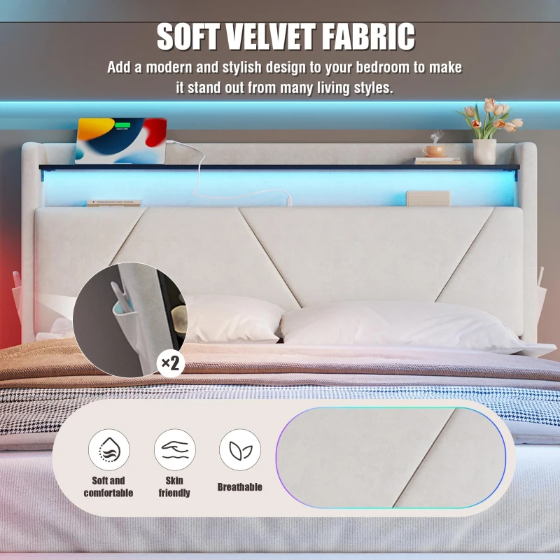 Functional Bed with Additional Under-Bed Storage, Modern Bed Frame with Wavy LED Side Lighting and USB Ports, 143L x 211W x 115.5H cm, Beige
