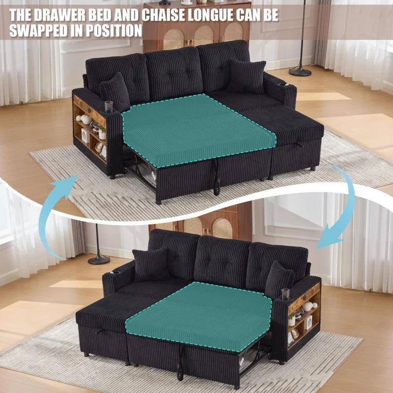 Multifunctional Corduroy Sofa Bed with Hidden Storage, LED-Lighted Guest Couch for Family Film Nights, 196L x 82W x 85H cm, Black