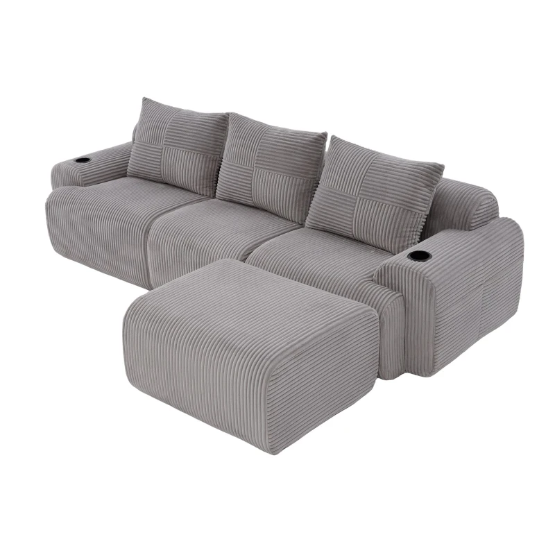 3-Seater Modular Sofa with Ottomans and Side Storage Pockets, Corduroy Sectional Sofa with Integrated Cup Holders, 268L x 174W x 80H cm, Light Gray