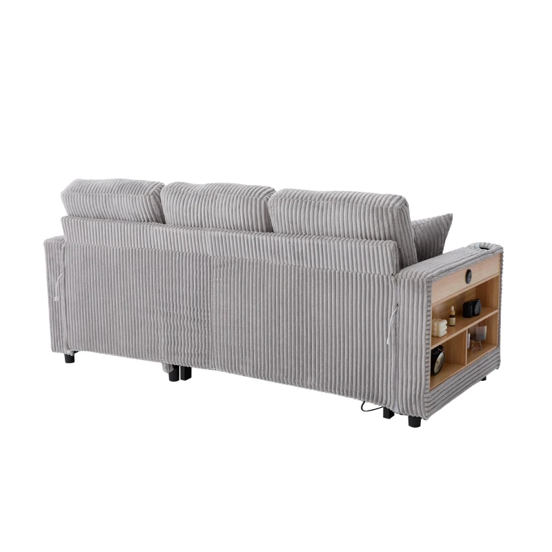 Multifunctional Corduroy Sofa Bed with Hidden Storage, LED-Lighted Guest Couch for Family Film Nights, 196L x 82W x 85H cm, Light Gray