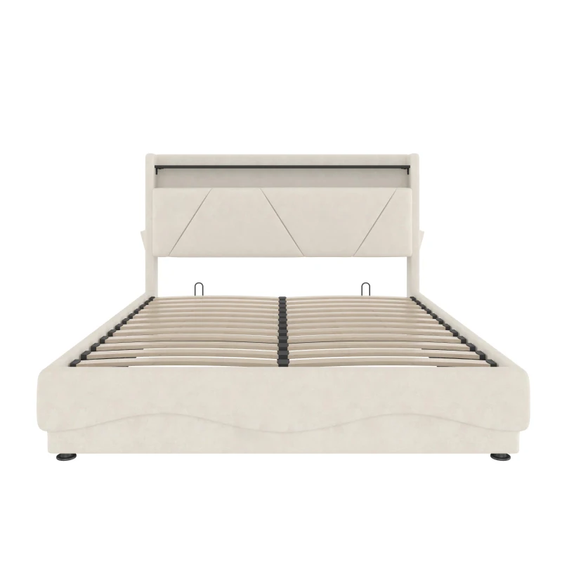 Space-Saving Upholstered Bed with Under-Bed Storage, Modern Bed Frame with Soft Velvet Fabric, 159L x 221W x 115.5H cm, Beige