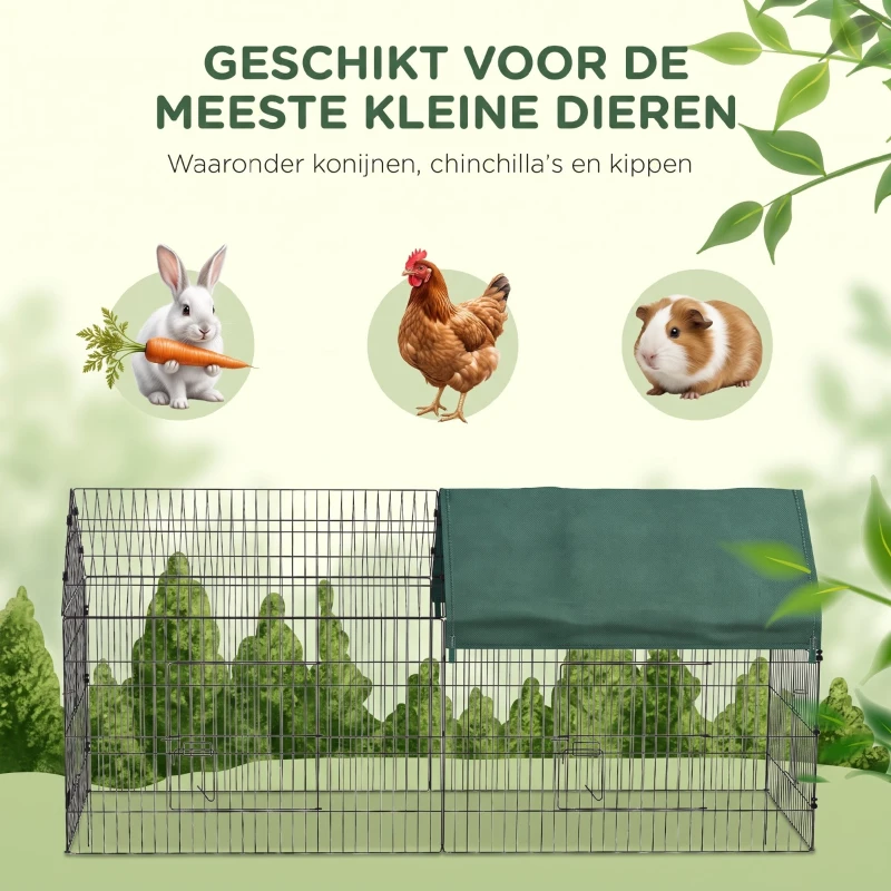 PawHut Kleindierenverblijf met Dak, 4 Deuren, Weerbestendig, Staal/Polyester, 220x85x103cm, Groen/Zwart