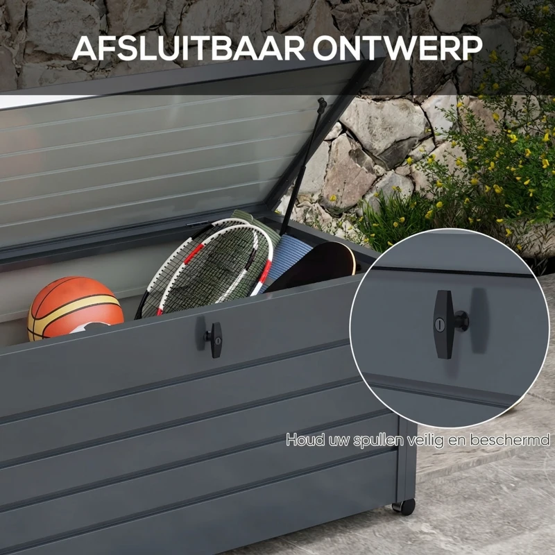 Outsunny Buiten opbergbox, tuinbox, kussenbox, weerbestendig, 4 wielen, 100 x 62 x 65 cm, Donkergrijs