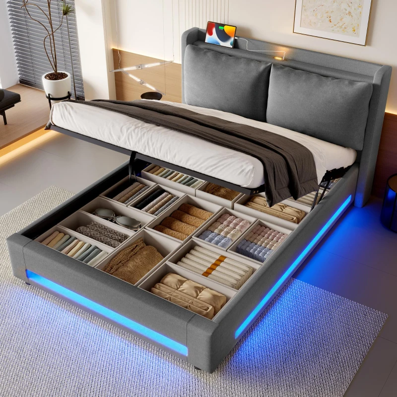 Practical Upholstered Bed with Hydraulic Storage, Ideal Bed Frame for Modern-Style Bedroom, 182.5L x 210W x 114H cm, Dark Gray